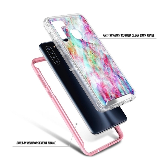 Samsung Galaxy A21 CASE Pink Marble Built In Screen Protector - Picture 2 of 4